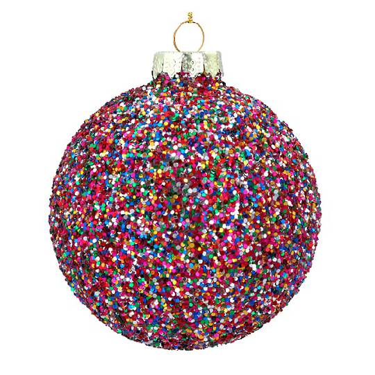 INDENT - Pack 12, Glass Ball Multi Coloured Glitter 8cm